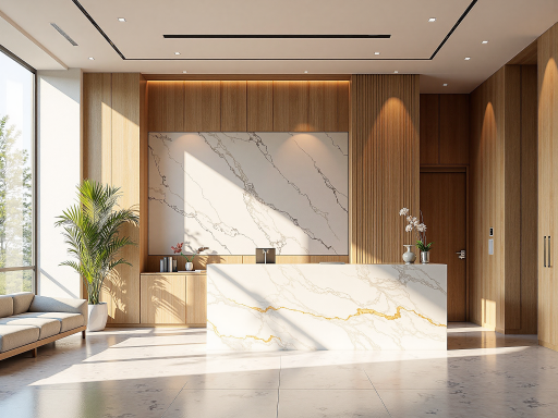 现代办公大楼内部，宽敞明亮接待区，前台服务台，绿植装饰，体现专业形象
